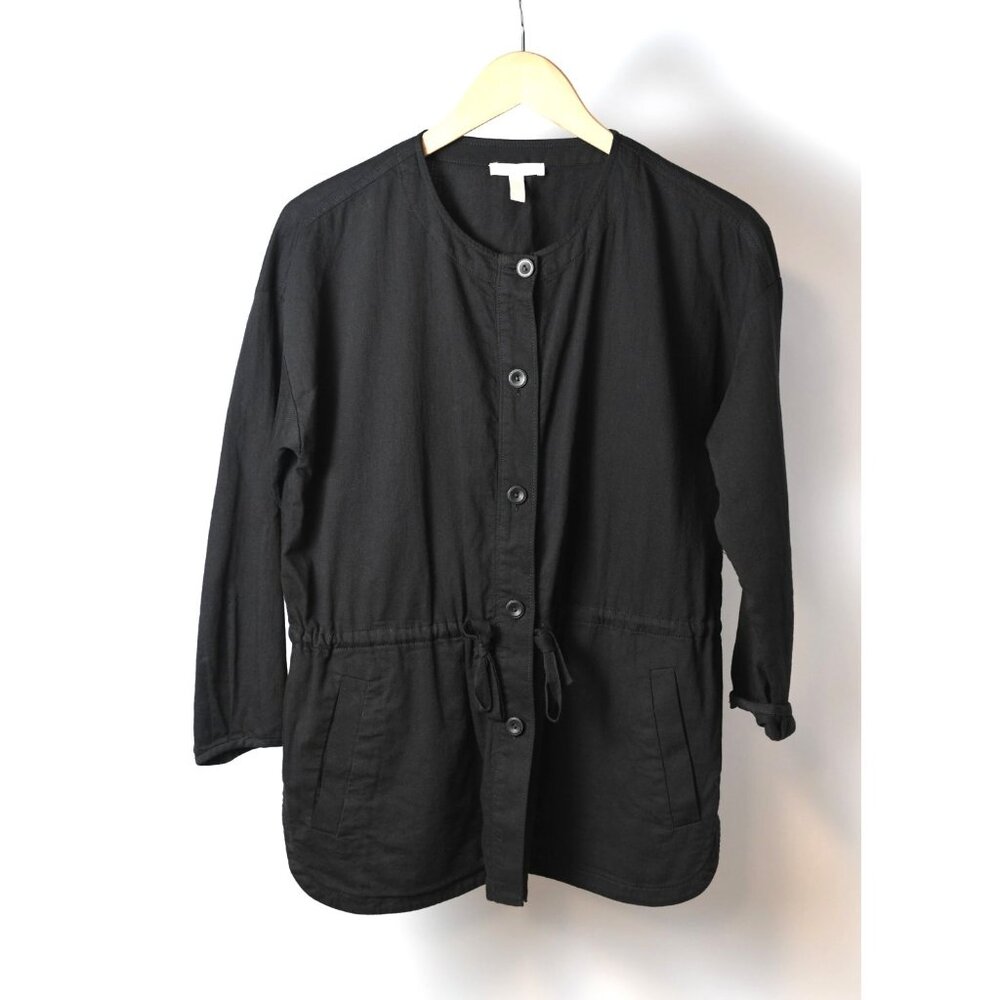 Eileen Fisher Black Button Down Shirt Jacket Size XS Waist Tie 100% Cotton